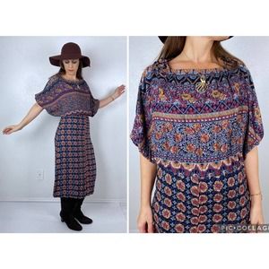 vintage 70s Wide Sleeve FLORAL PRINT Boho DRESS Small peasant dolman sleeve midi